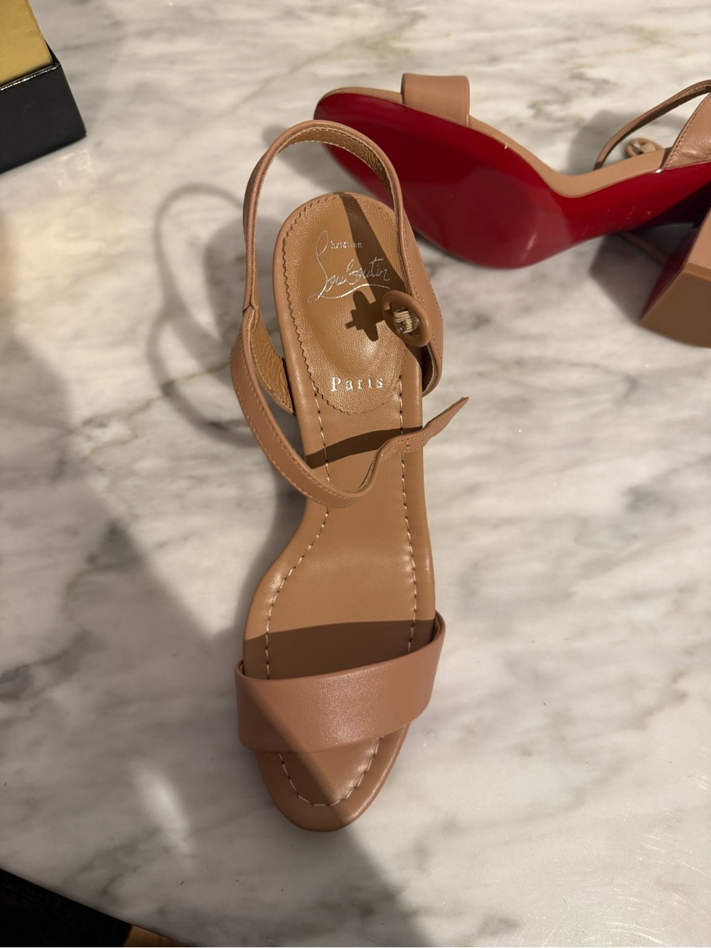 Christian Louboutin Nude/ beige Block Heel Sandals with Ankle Strap - Picture 4 of 8